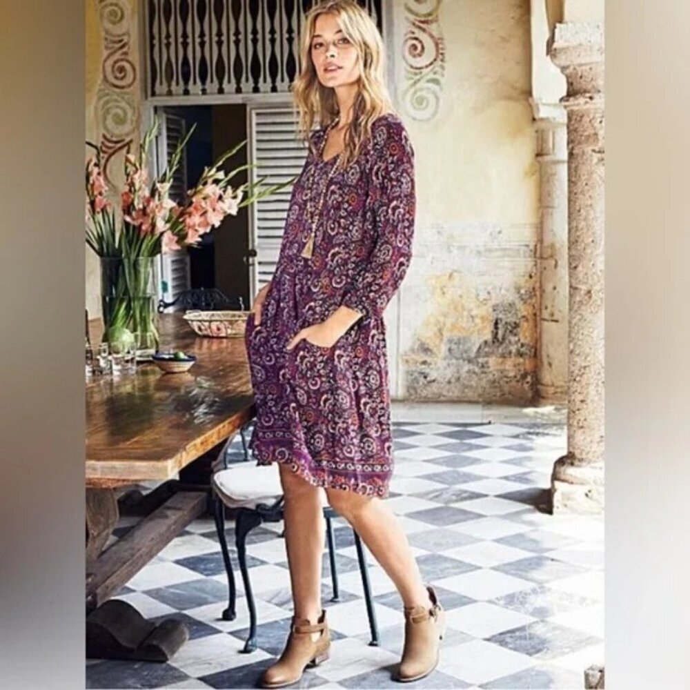 Garnet Hill Floral Paisley Bohemian Peasant Boho-Goth Pocket Dress in Purple 4